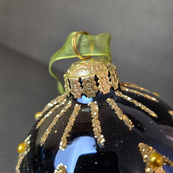 Frontgate Blue Gold Glass Ornament 4 Inch Elegant Beaded Glitter Christmas Decor - Picture 5 of 7